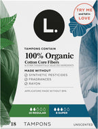 L. Tampons, Made with Organic Cotton, Regular/Super Absorbency, Multipack, Made Without Synthetic Pesticides, Rayon or Fragrances, Applicator Made Without BPA, Leak-Stopping Design, 18 Count