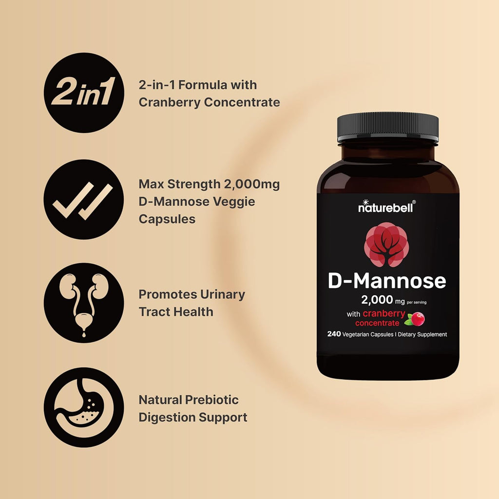 Double Strength D-Mannose with Cranberry Pills, 1000mg Per Serving, 200 Capsules, 2 in 1 Formula, Flush Impurities, Supports Urinary Tract Cleanse in Women and Prostate Health in Men