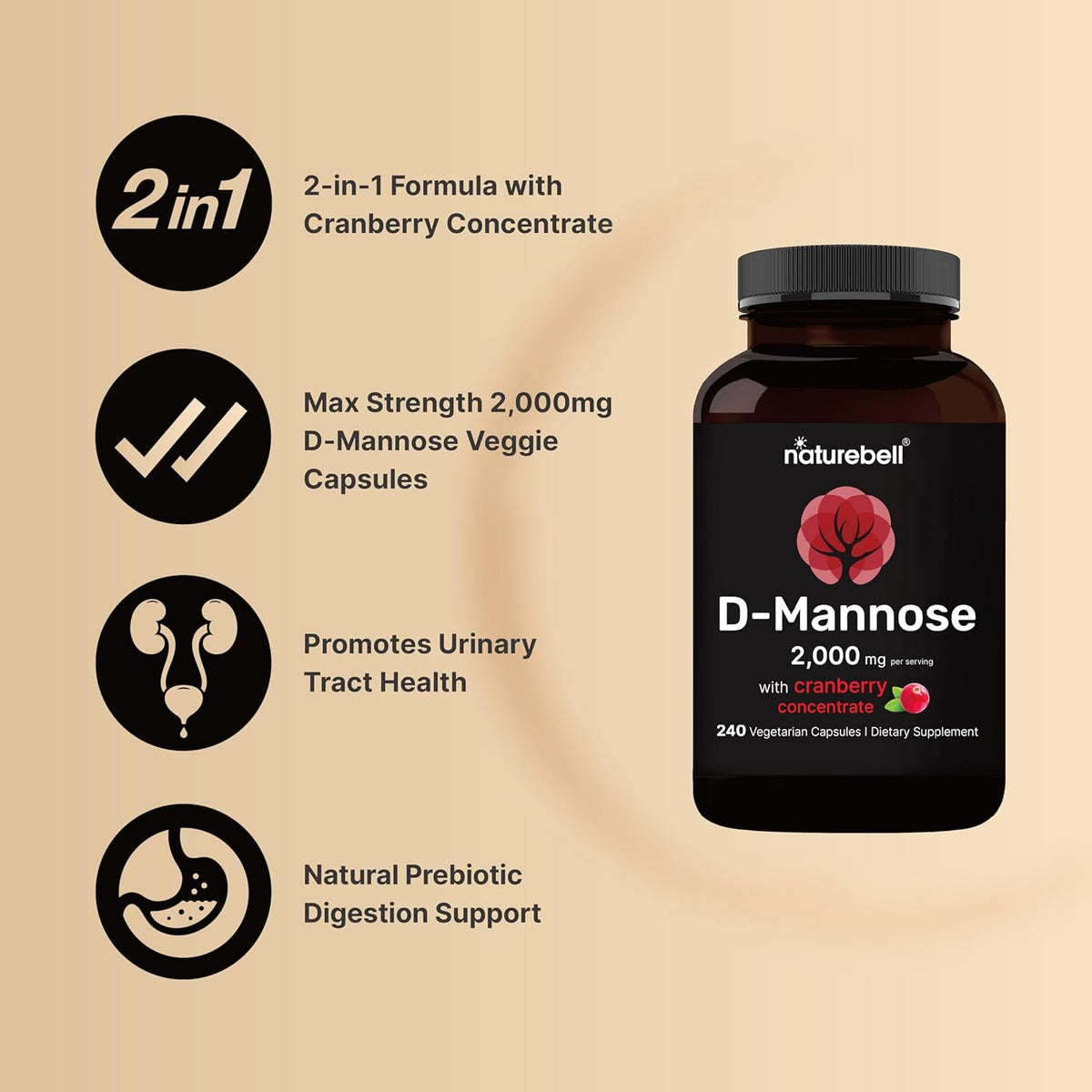 Double Strength D-Mannose with Cranberry Pills, 1000mg Per Serving, 200 Capsules, 2 in 1 Formula, Flush Impurities, Supports Urinary Tract Cleanse in Women and Prostate Health in Men