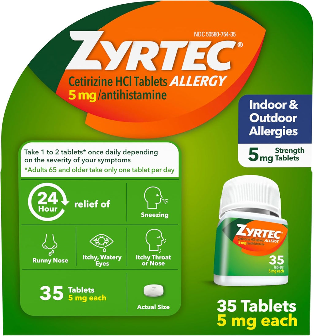 Zyrtec 24-Hour Allergy Relief Tablets, 5 mg Cetirizine HCl, 35 ct | Indoor & Outdoor Adult Allergy Medicine, Low Dose, Relief from Runny Nose, Sneezing, Itchy Eyes, plus Dust Mold & Pet Dander