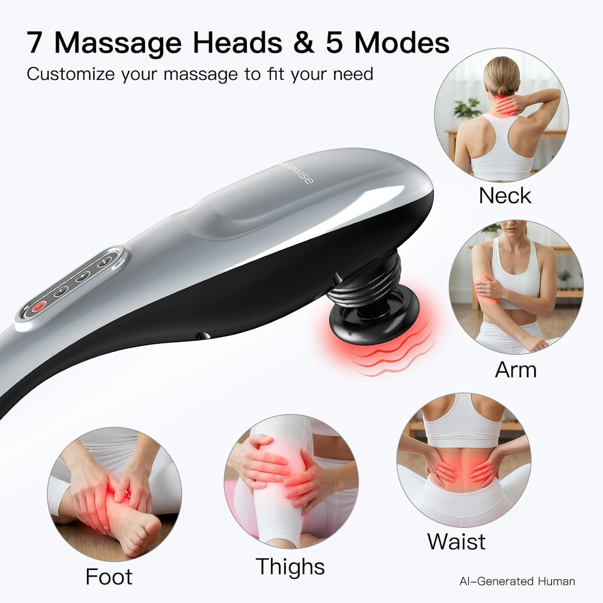 MEGAWISE Handheld Back Massager | Deep Tissue Percussion Massage for Back, Neck, Shoulders, Waist and Legs (Cordless Silver)