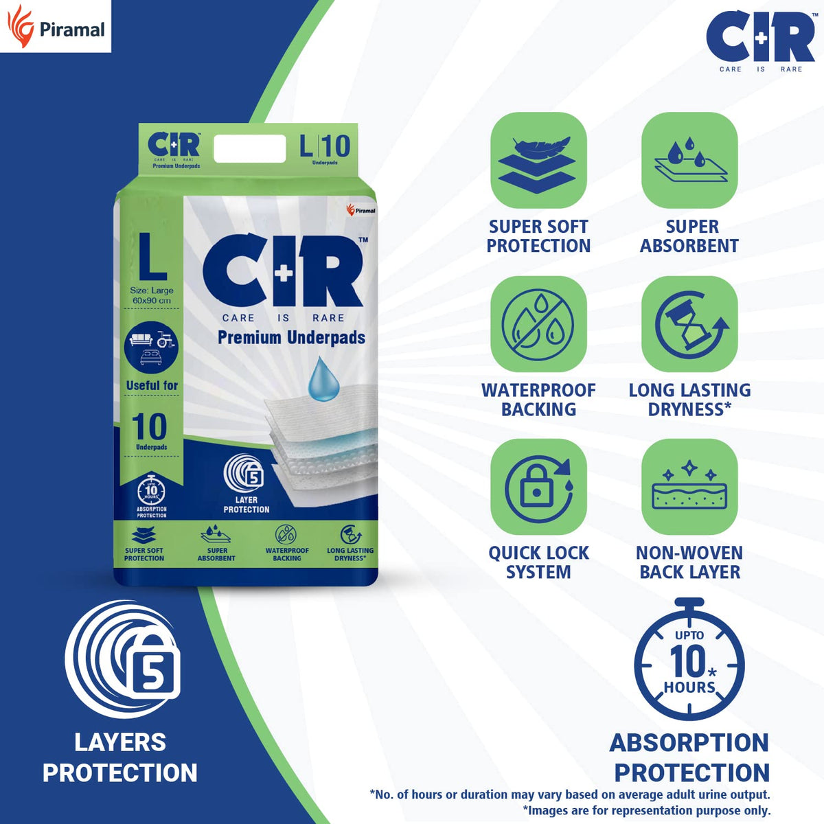CIR Premium Underpads, Large (90x60cm) I 10 hrs Absorption Protection I 10 Units I Waterproof I Protects Surfaces from Incontinence I Super Soft Polymer x Pack of 1