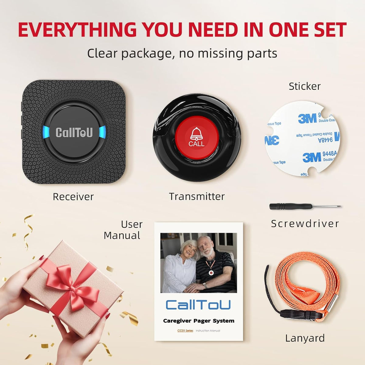 CallToU Caregiver Pager, Call Button for Elderly, Call Bell, 1+1 Black