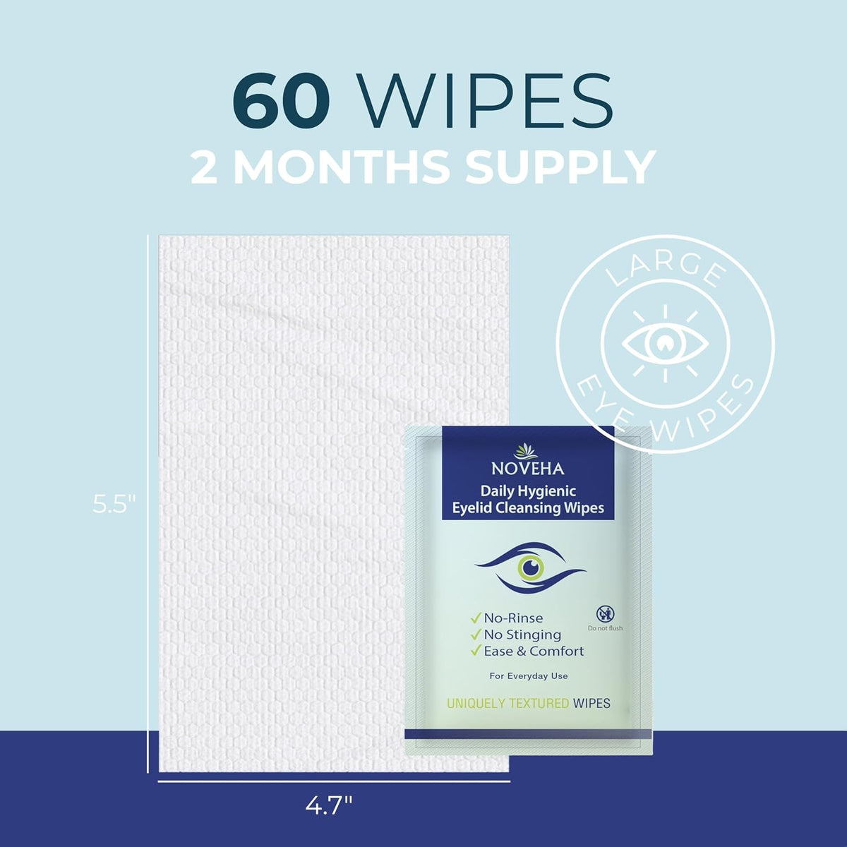 NOVEHA 60PCs Daily Hygienic Eyelid & Lash Wipes | For Blepharitis & Itchy Eyes, Demodex | Individually Wrapped Refreshening Eyelid Wipes, Natural Makeup Remover & Calming Moisturizer