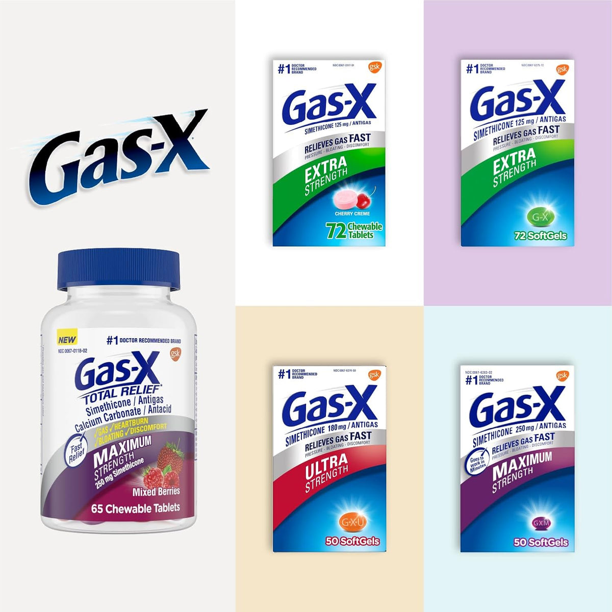 Gas-X Maximum Strength Softgels, Gas Relief, 30 Count | Simethicone 250mg Maximum Strength Chewable Tablets, Fast Gas and Bloating Relief, GLP-1 Support