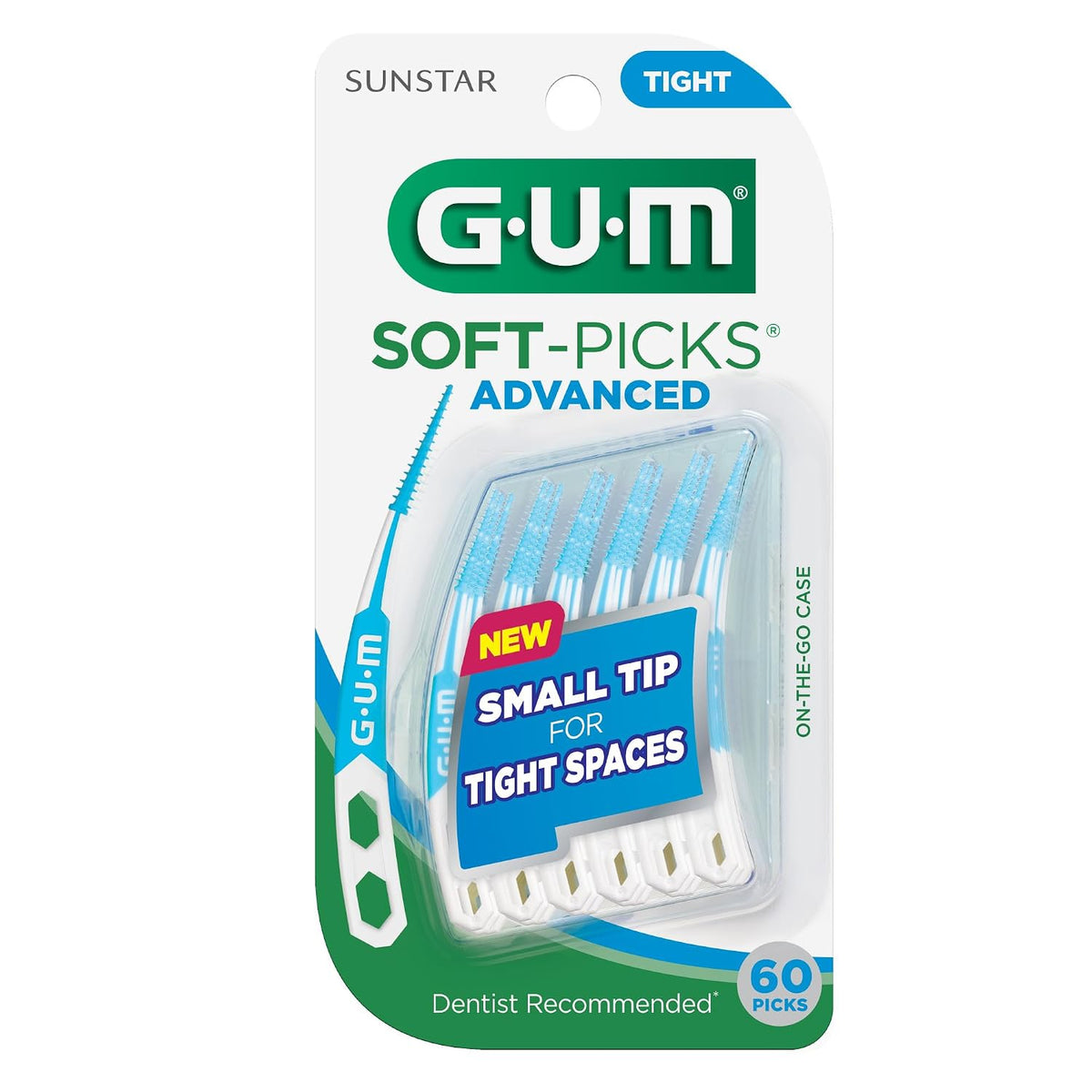 GUM Soft-Picks Advanced Tight Interdental Picks, 60 Count (3 Pack) | Soft bristles, Tapered for tight spaces, braces & bridges, Longer curved handle, Includes travel case, Disposable picks