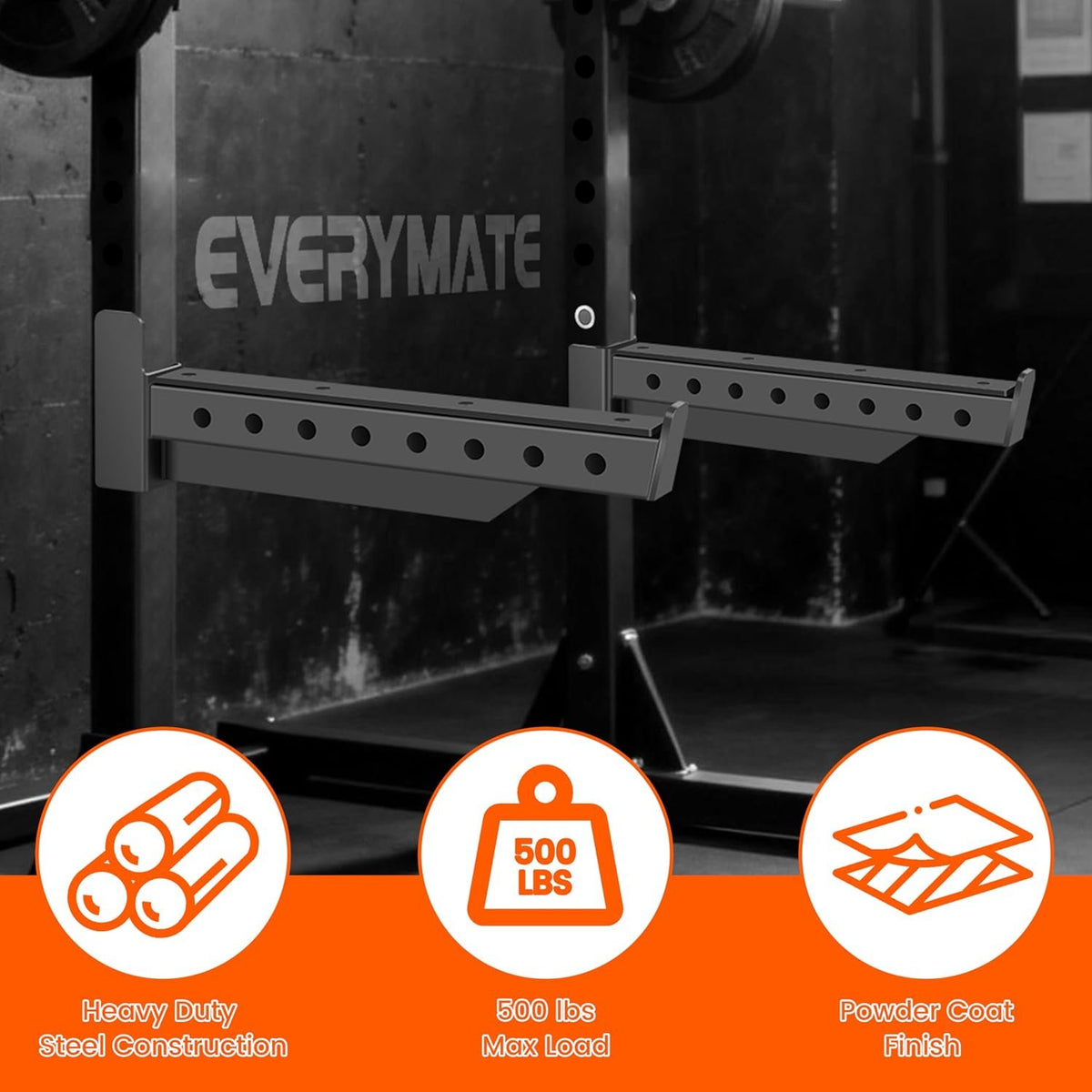EVERYMATE Safety Spotter Arms, Fits 2"x2" & 3"x3" Power Racks, Heavy Duty 1000LBS Capacity Barbell Squat Rack Safety Bars with Rubber Pads for Home/Garage Gym Strength Training