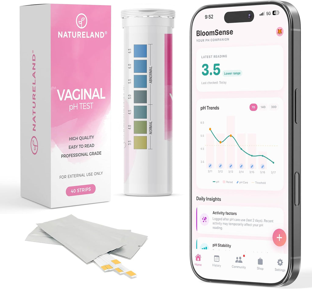 NATURELAND Vaginal pH Test Strips, BV and Yeast Infection Test, 40 Count | At-home BV and yeast infection test kit, accurate 3.5-6.5 pH range, foil-sealed strips, works with the BloomSense app