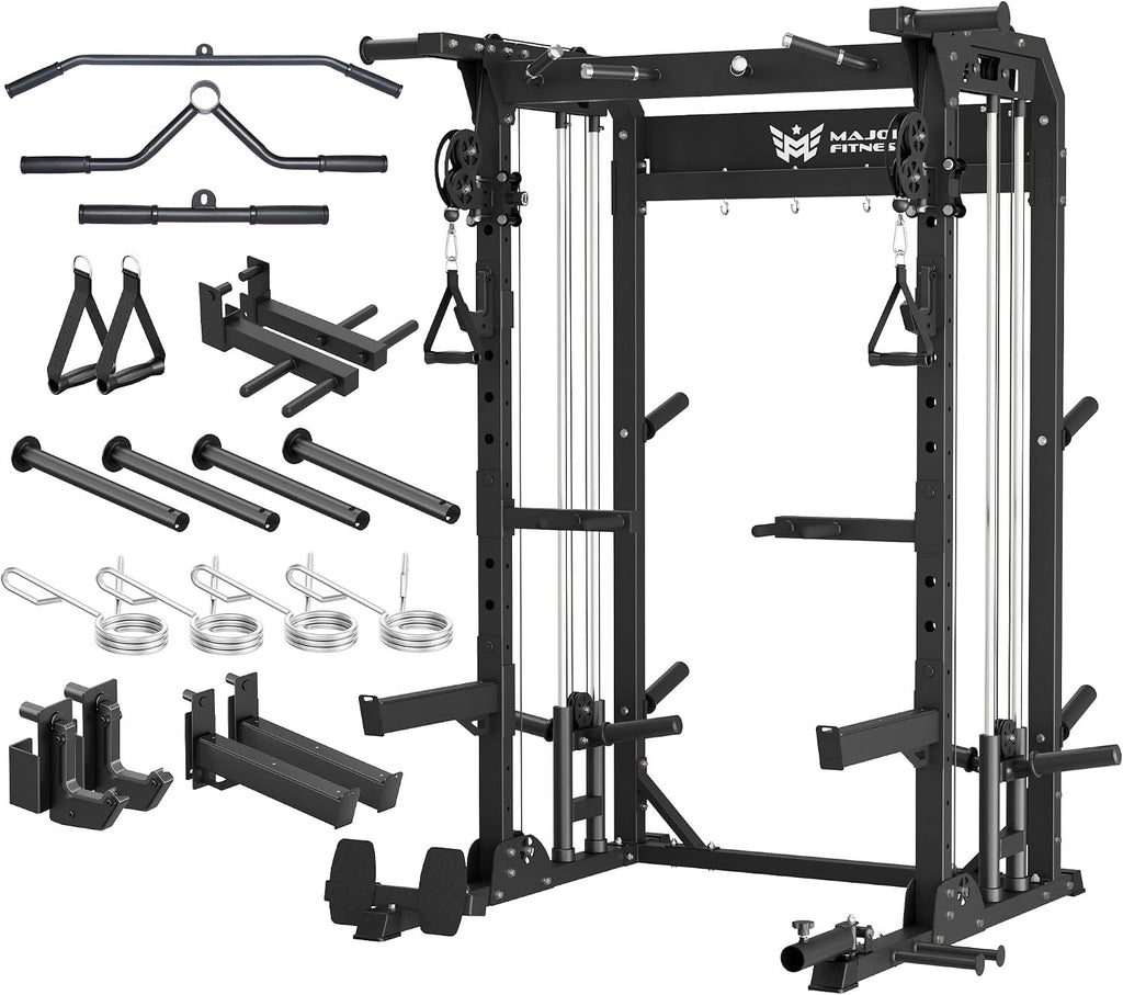 MAJOR FITNESS F22 Power Rack, 1600lbs All-in-One Squat Rack with Dual Pulley System, Heavy-Duty Steel Frame, Attachments & Storage for Home Gym Strength Training