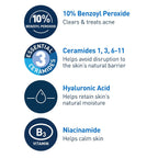 CeraVe Acne Foaming Cream Wash, 10% Benzoyl Peroxide Facial Cleanser, 5oz | 10% Benzoyl Peroxide Cleanser with Hyaluronic Acid and Niacinamide Clears Pimples and Acts As A Blackhead Remover