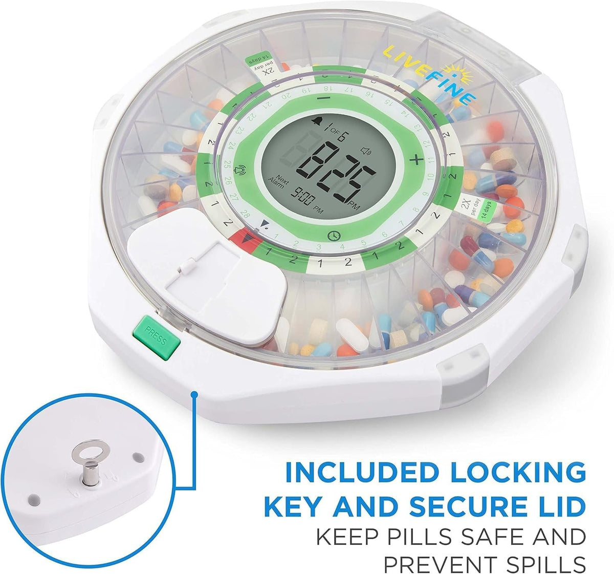 LiveFine 28-Day Locking Automatic Pill Dispenser with Alarm, Clear Lid