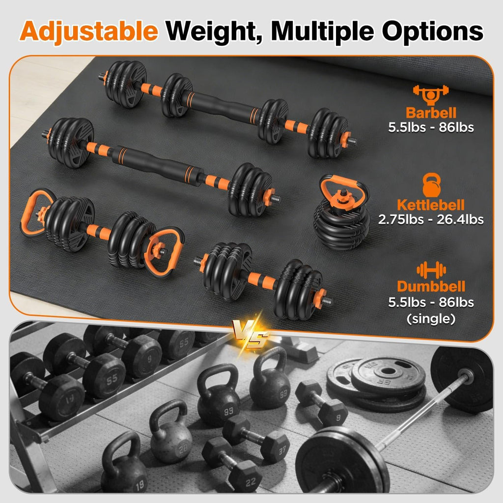Adjustable Dumbbell Set with Connector for Home Gym Workout | 33/44/66/88lbs 5 in 1 Free Weights Dumbbells Set, Weights Set Used as Barbell, Kettlebells, Push up Stand, Weight Plate