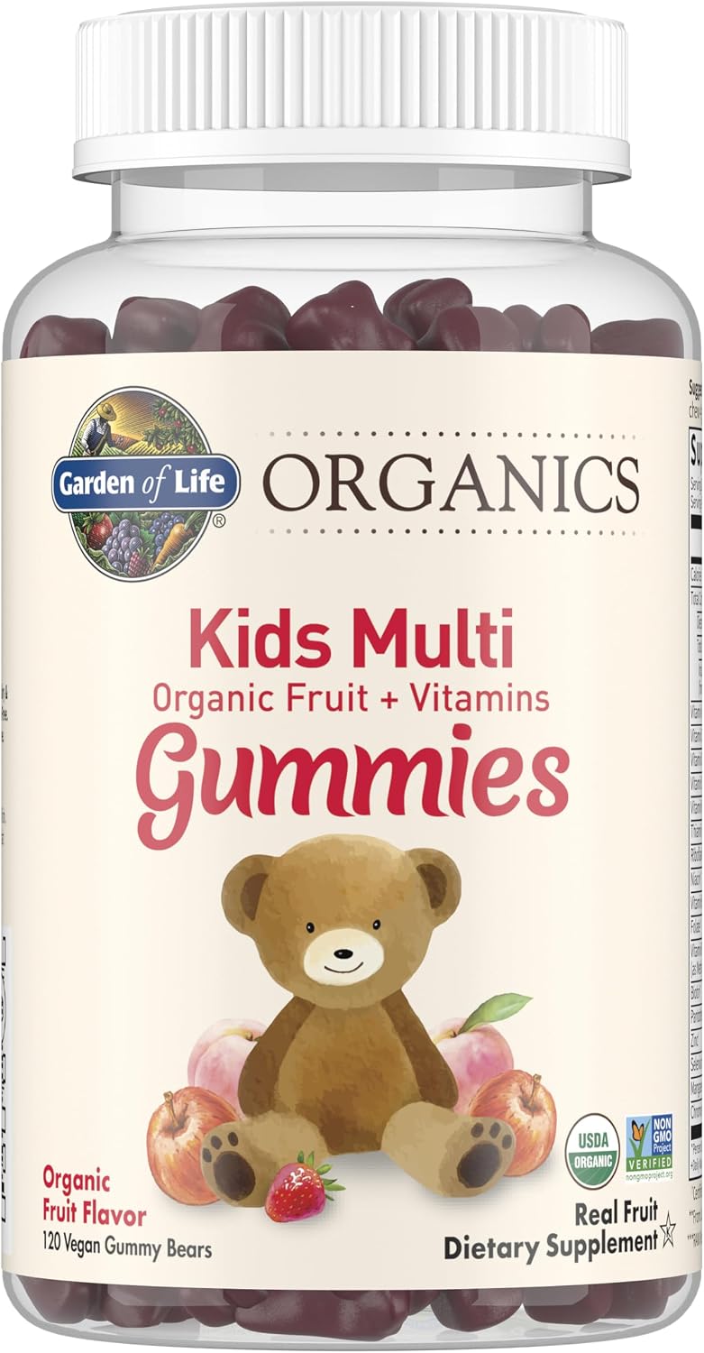 Garden of Life Organics Kids Gummy Vitamins - Fruit - Certified Organic, Non-GMO & Vegan Complete Children's Multi - B12, C & D3 - Gluten, Soy & Dairy Free, 120 Real Fruit Chew Gummies