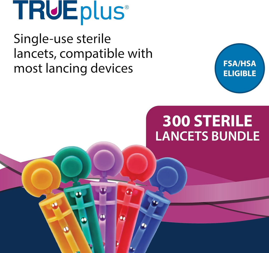 TRUEplus Single-Use Sterile Lancets Bundle, 33G, 300 Pack | Blood Lancets (Sterile, 33G, 4 cm total length) and TRUEplus Log Book, Supplies for Blood Glucose Testing at Home