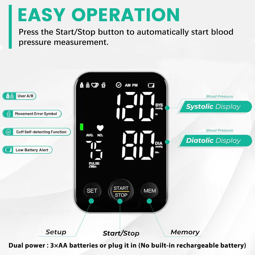 Oklar FDA Cleared Blood Pressure Monitor Upper Arm BP Machine for Home Use | Clinical Accuracy, 2x120 Memory, Large LED Display & 8.7"-15.7" Adjustable Cuff, Dual Power for Home & Travel, Black