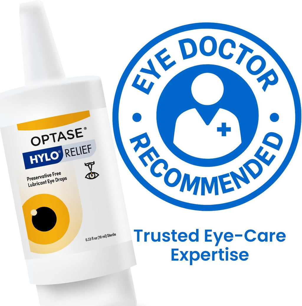 Optase® HYLO® Relief Dry Eye Drops, 0.33 fl oz | Preservative Free Eye Drops for Dry Eyes - One Click, One Drop Lubricant for Dryness - Contact Lens Compatible - 300 Drops