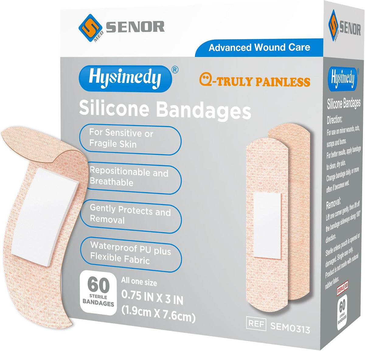 Hysimedy Silicone Bandages for Sensitive Skin 0.75x3 Inch Painless Removal | 60 Counts Latex Free Hypoallergenic Breathable Long-lasting Easy Remove Small Adhesive Bandages for Wounds Geriatric Children