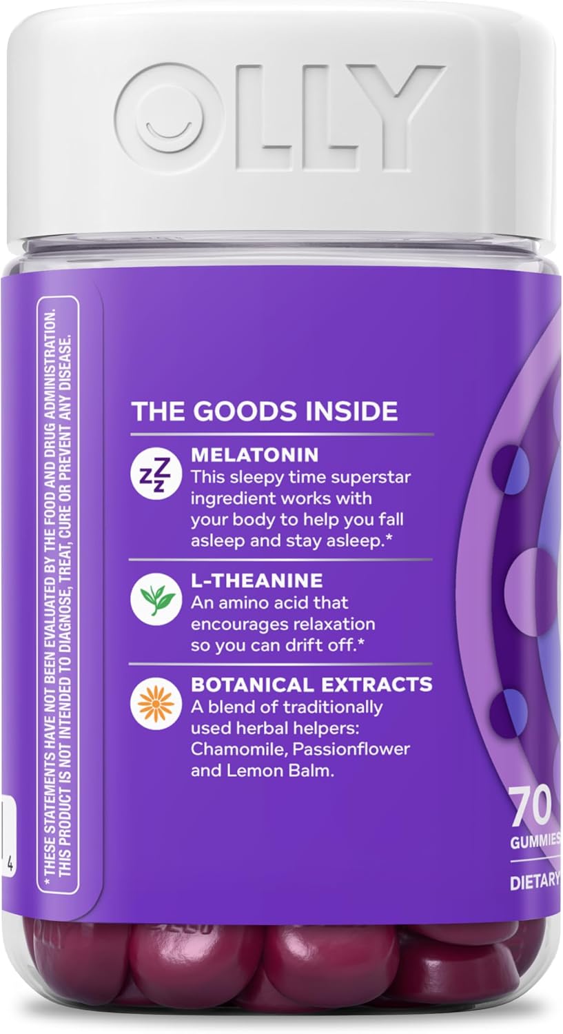 OLLY Sleep Support Gummy Supplement,* 3 mg Melatonin, L-Theanine - 70 Count