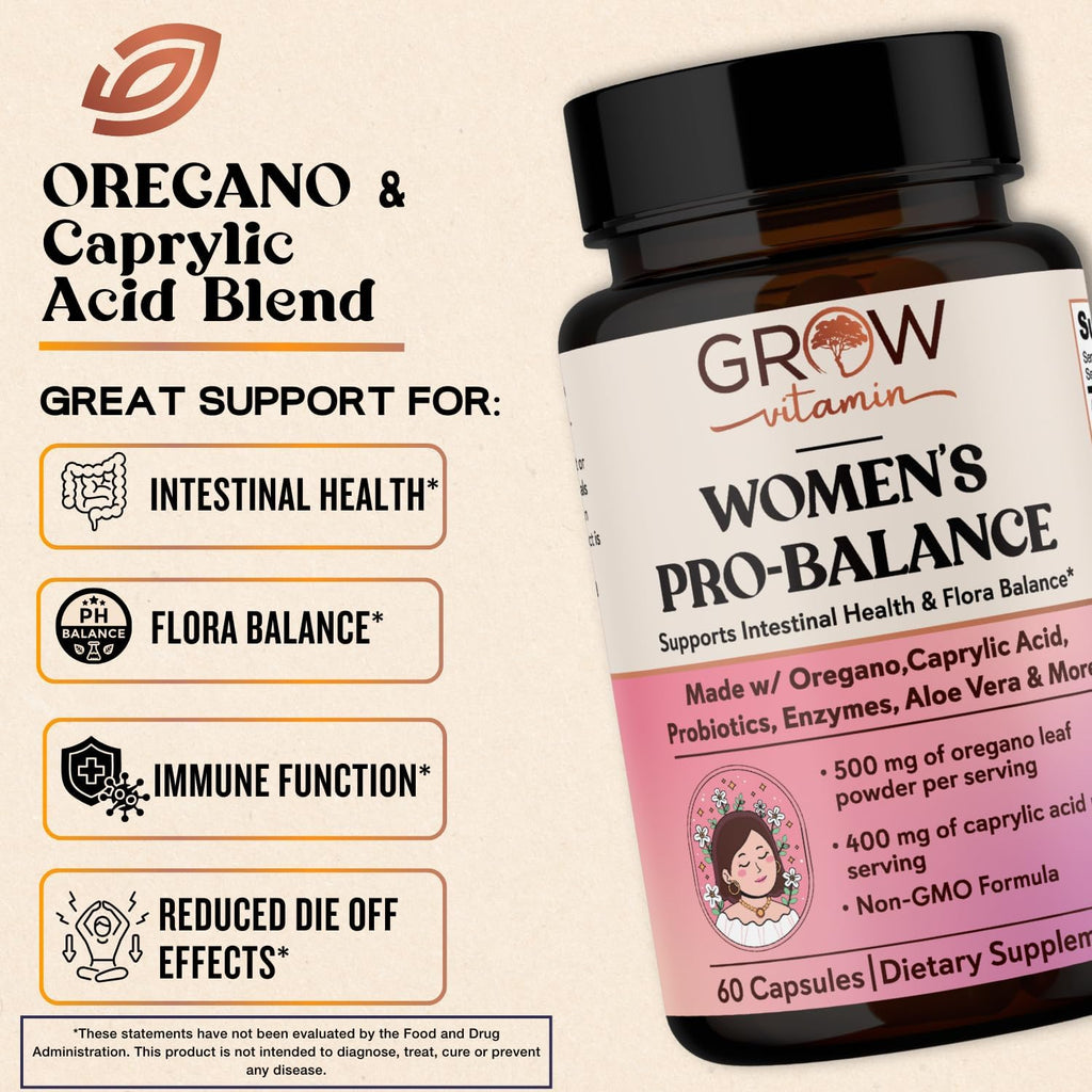 Grow Vitamin Feminine Balance by | Candida Support | Oregano & Caprylic Acid Blend | Vaginal Detox & Cleanse Probiotics | Supports Healthy Intestinal Flora & Immune Function