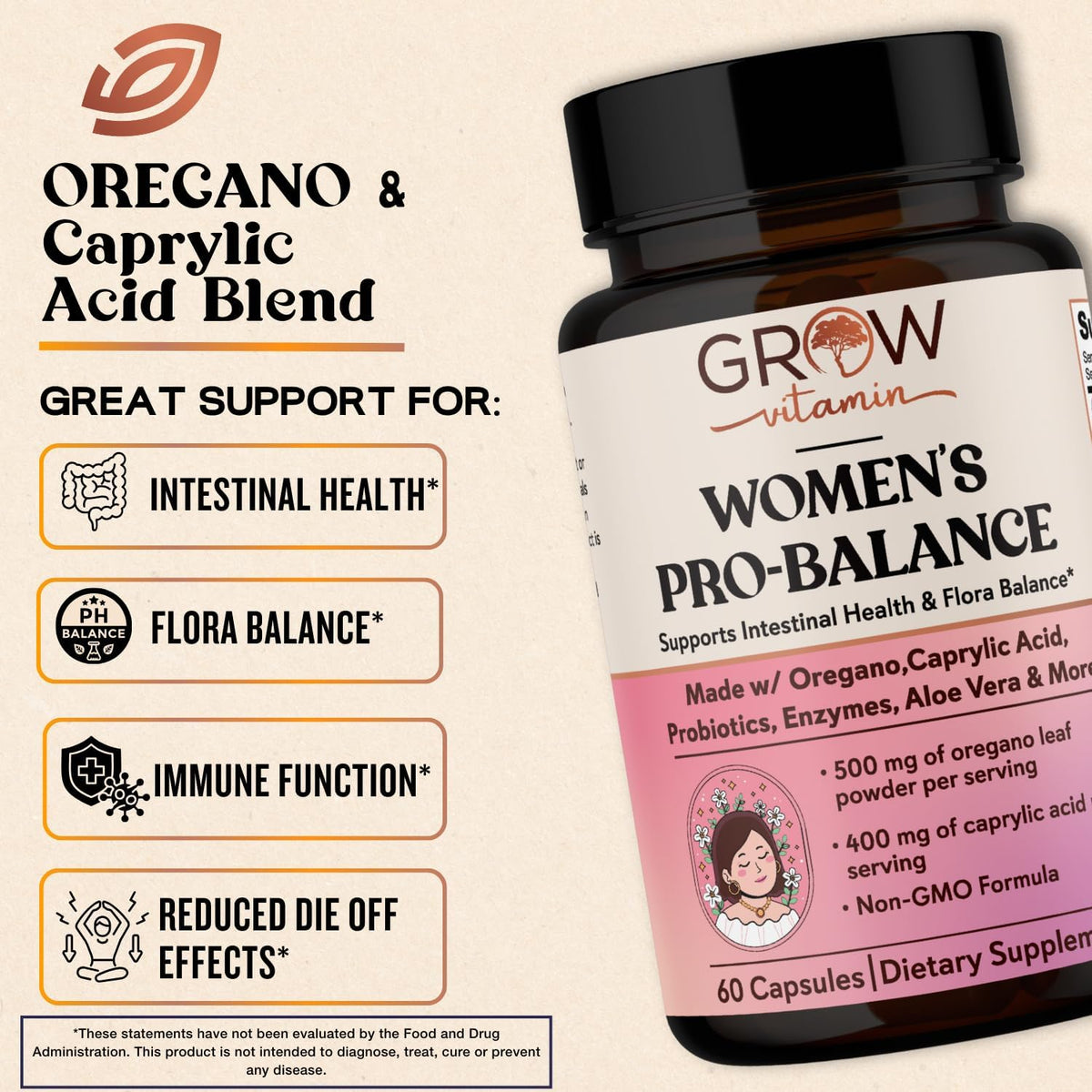Grow Vitamin Feminine Balance by | Candida Support | Oregano & Caprylic Acid Blend | Vaginal Detox & Cleanse Probiotics | Supports Healthy Intestinal Flora & Immune Function