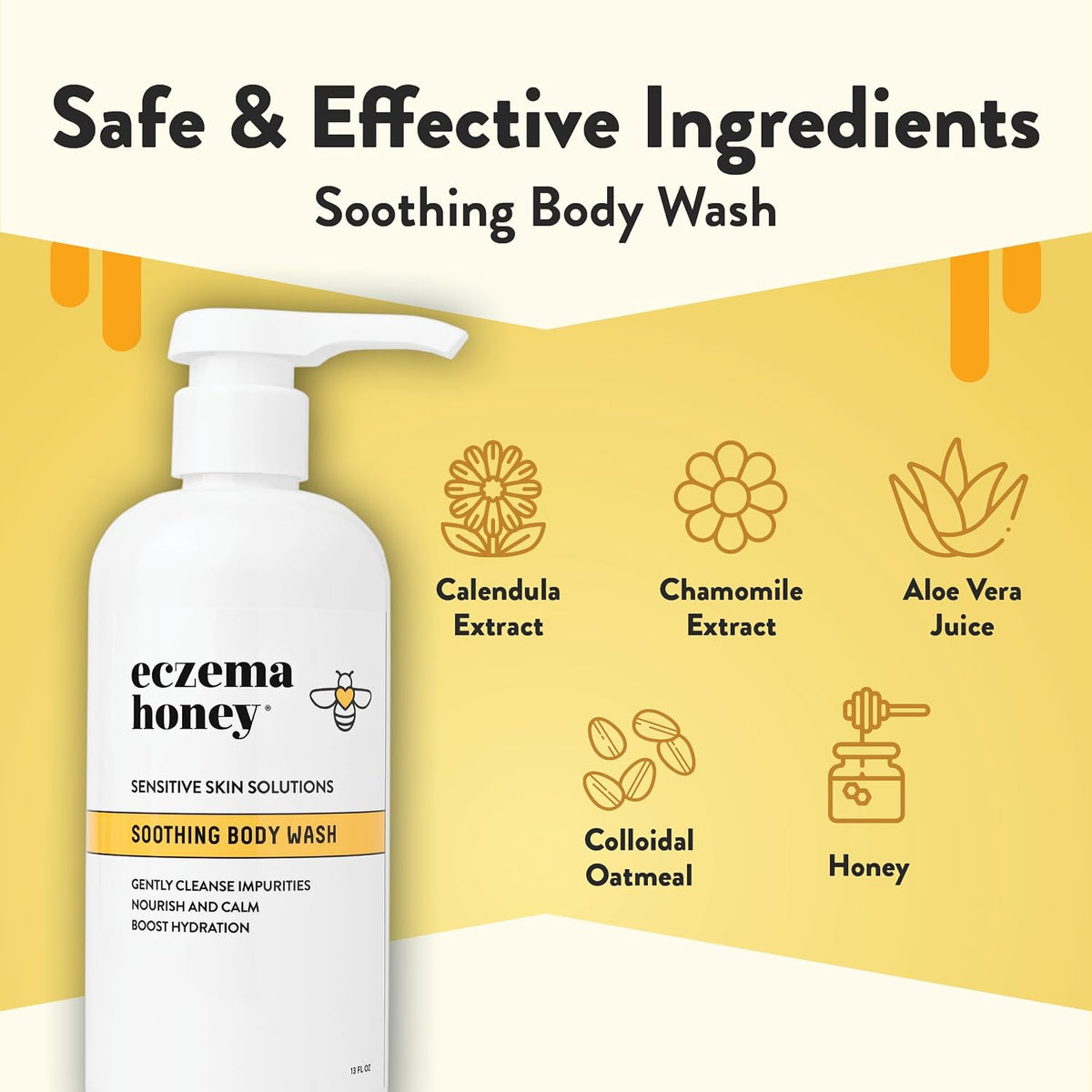 ECZEMA HONEY Soothing Body Wash, Daily Shower Gel & Eczema Care (13 Oz) | Body Cleanser for Eczema reatmenttreatme, Sensitive Skin Body Wash for Adults, Kids, & Babies