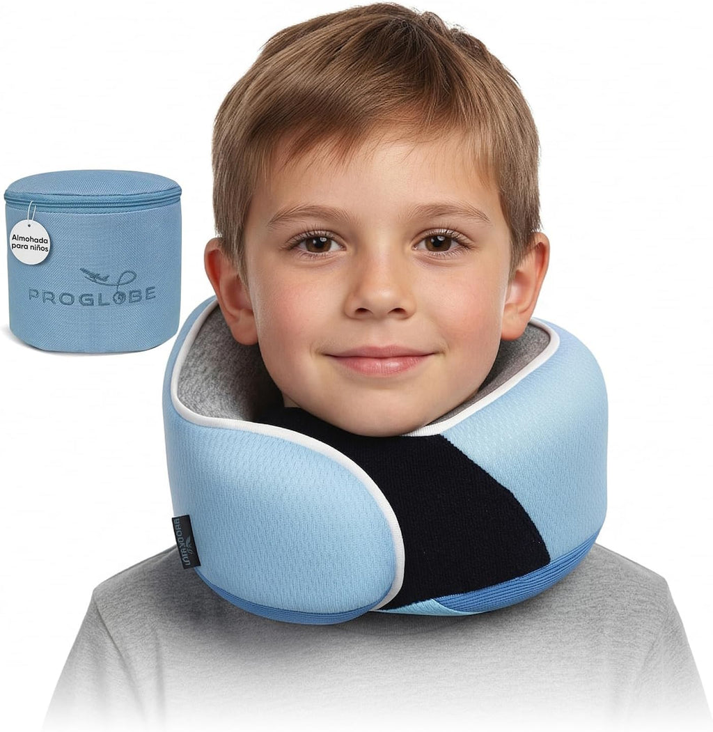 Proglobe, Kids Ergonomic Memory Foam Neck Pillow for Travel Airplane Car Booster Seat Soft Washable Compact with Strap 4-13 Years Old Light Blue