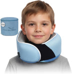 Proglobe, Kids Ergonomic Memory Foam Neck Pillow for Travel Airplane Car Booster Seat Soft Washable Compact with Strap 4-13 Years Old Light Blue