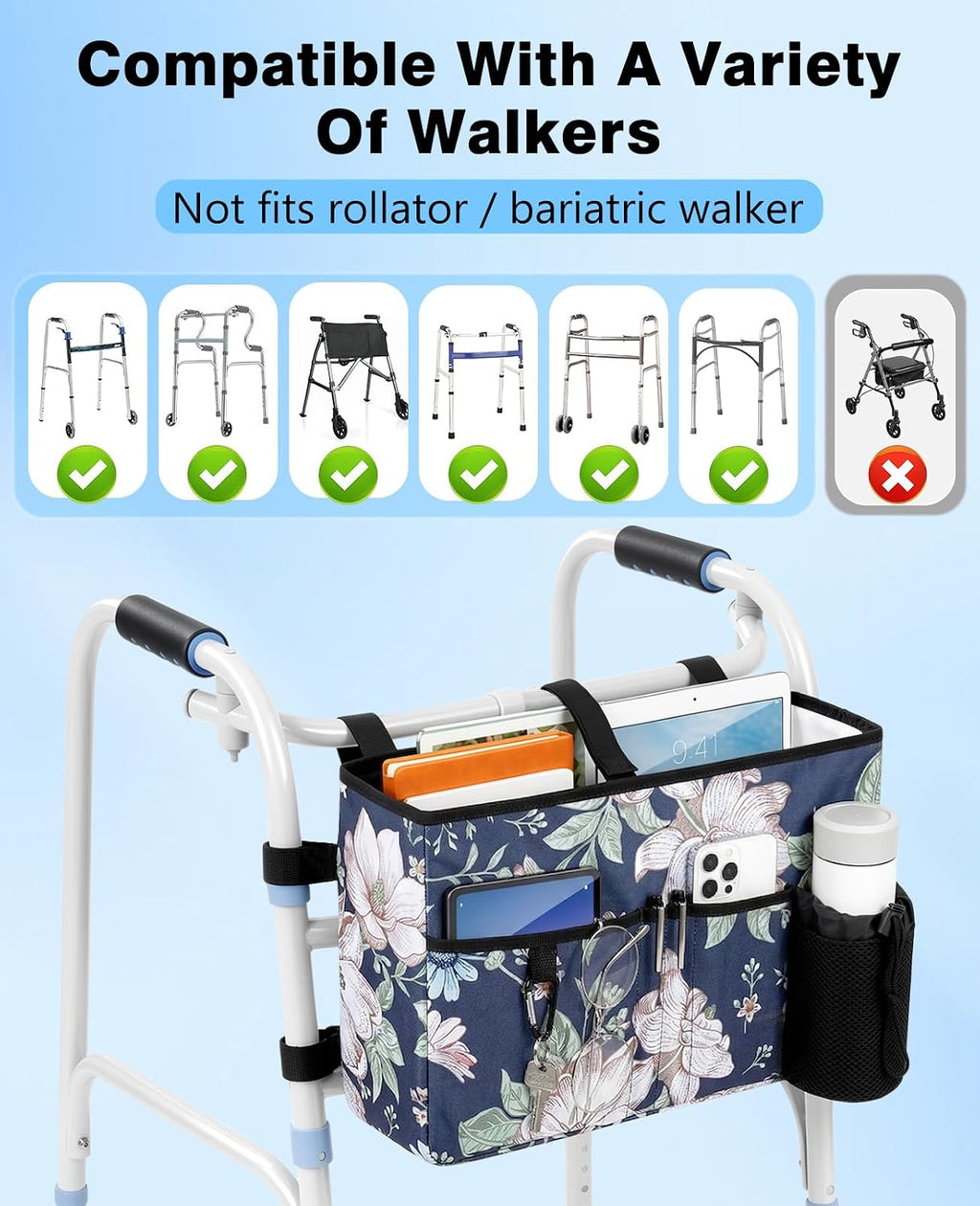 Rhino Valley Walker Bags for Folding Walker Accessories for Seniors,Cosmos | Secure Fit Walker Basket with Cup Holder, Large Capacity Foldable Detachable Folding Walker Pouch Organizer for Elderly Gifts