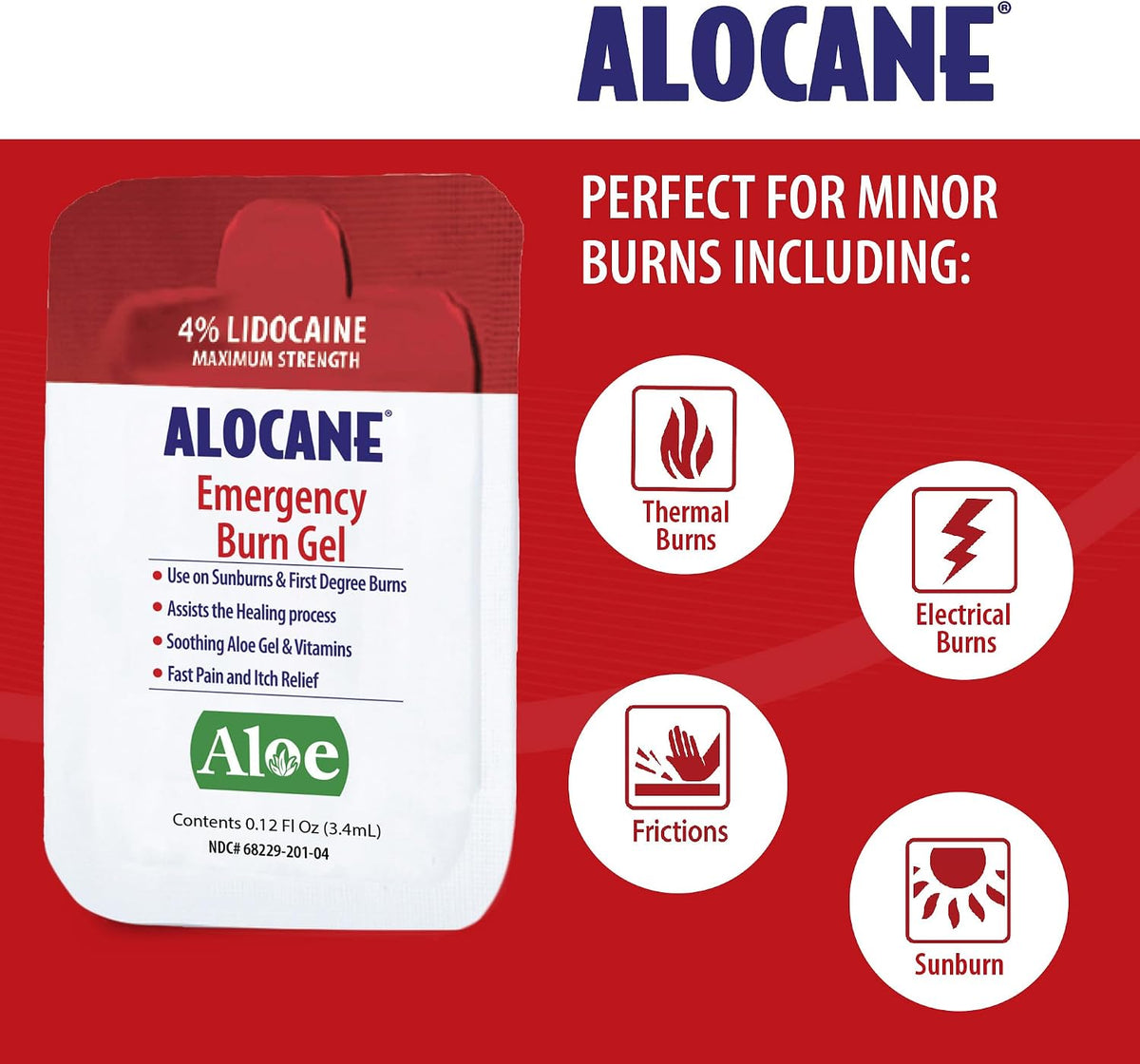 ALOCANE® Emergency Burn Gel Maximum Strength 4% Lidocaine Individual Use Packets,Commercial Grade, for Restaurants, Manufacturing, Other Heat Related Work environments, for Commercial Use Only, 24 Ct