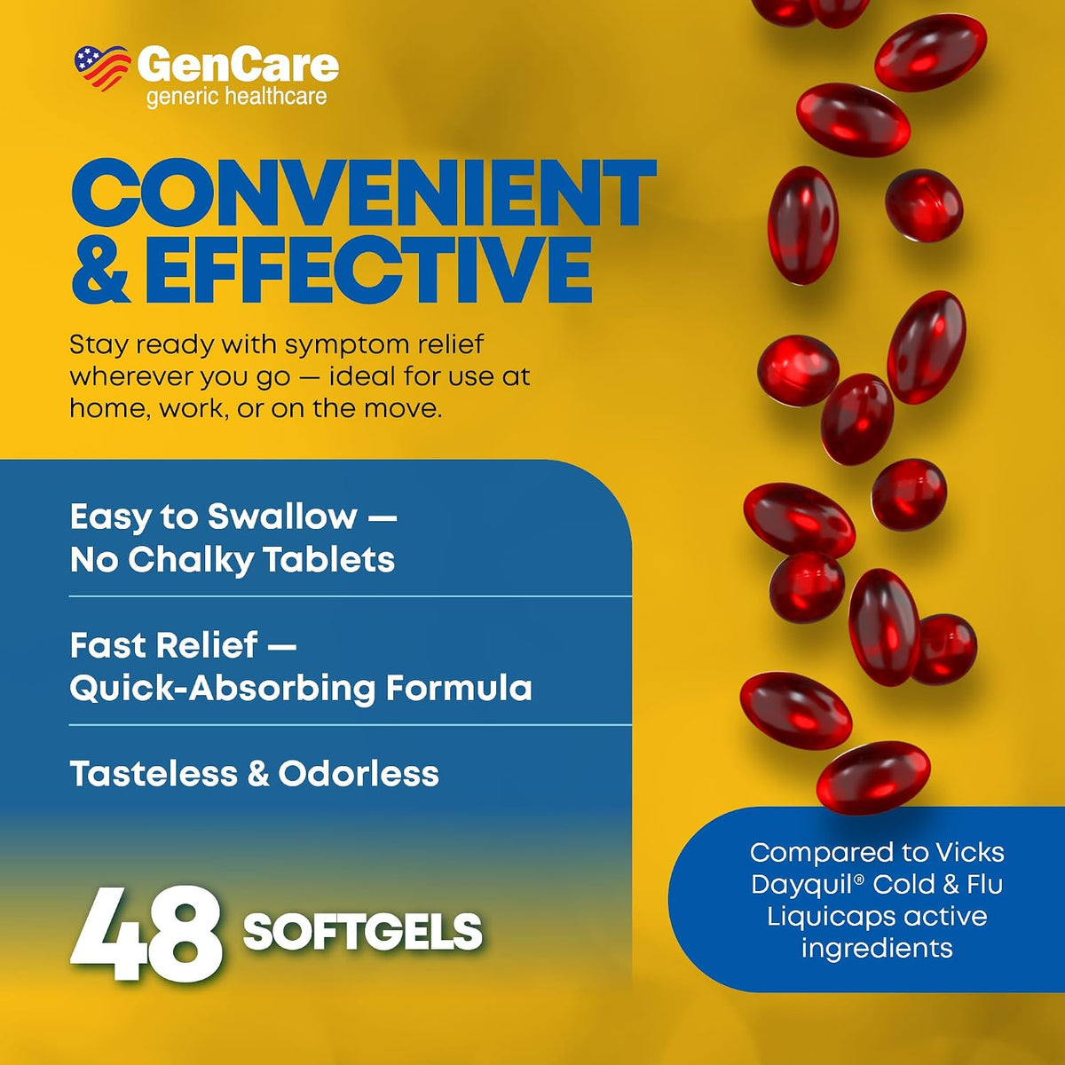 GenCare Daytime Cold & Flu Relief, Non-Drowsy Multi-Symptom, 48 Ct | Compares to DayQuil; relieves fever, cough, congestion & body aches, non-drowsy, severe cold flu