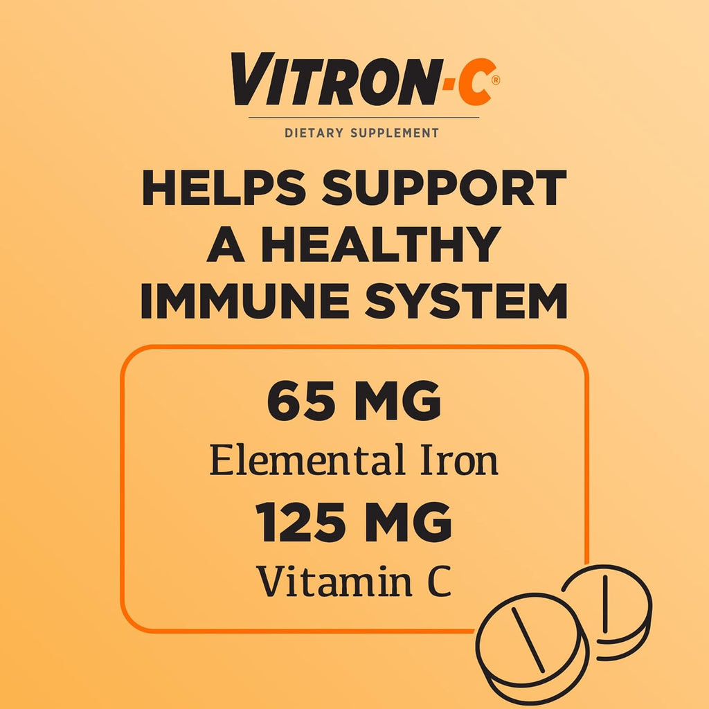 Vitron-C Iron Supplement, Once Daily, High Potency Iron Plus Vitamin C, Support Red Blood Cell Production, Dye Free Tablets, 60 Count, 2 Pack