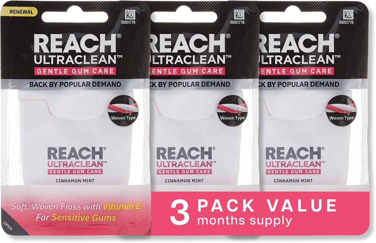 REACH ULTRACLEAN Gentle Gum Care Expanding Floss – Woven, Non-Waxed, PFAS-Free with Vitamin E, for Sensitive Gums, Cinnamon Mint 55YD (3-Pack)