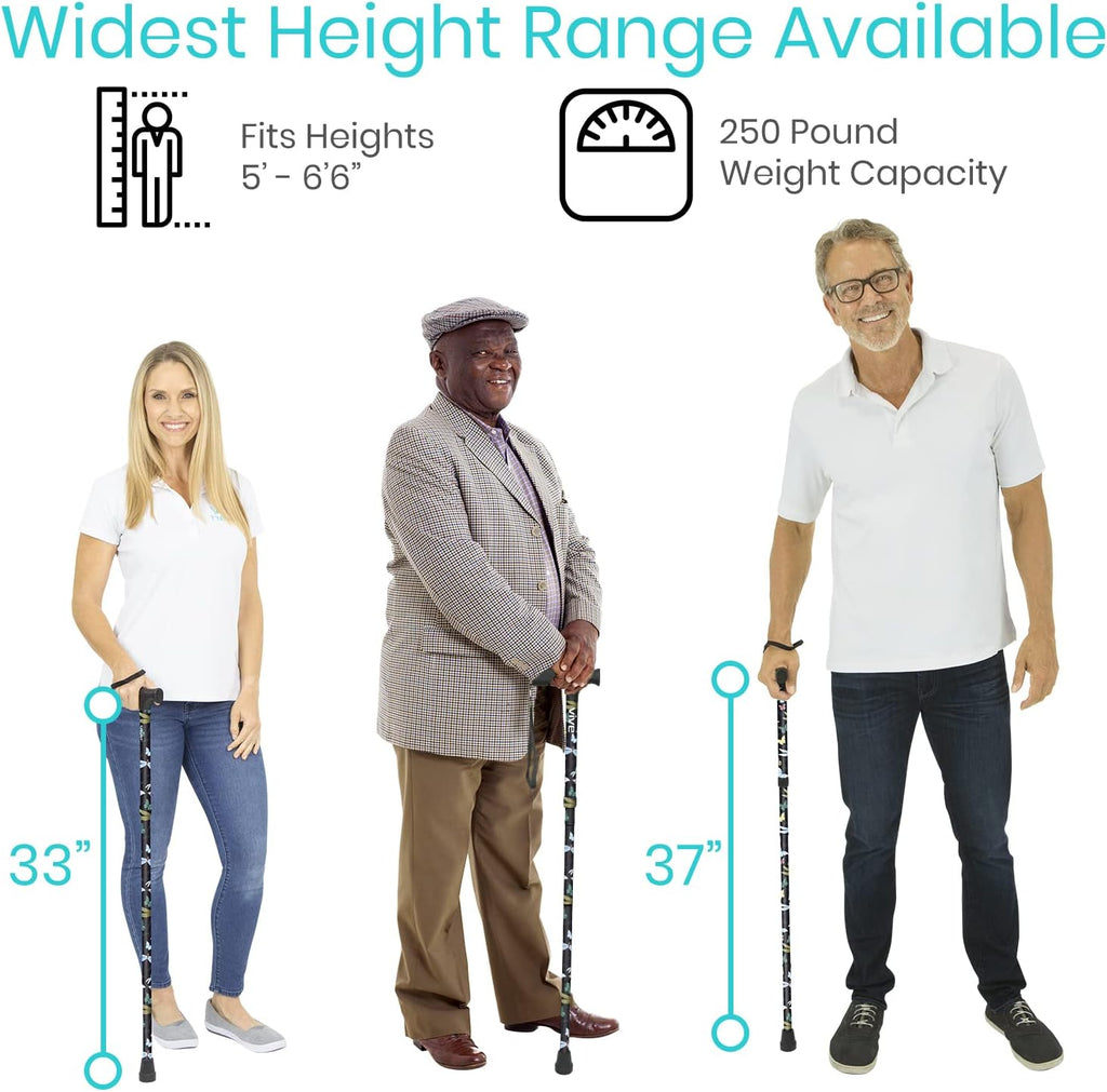Vive Folding Cane - Foldable Walking for Men, Women Fold-up & Collapsible | Lightweight, Adjustable, Portable Hand Stick Balancing Mobility Aid Sleek, Comfortable (Black Butterfly)
