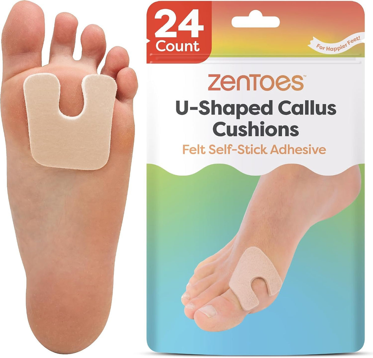 ZenToes U-Shaped Felt Callus Pads, Self-Stick Cushions, 24 Count | Thick padding offloads pressure from that one stubborn spot, stays put all day. Trim to fit, latex-free