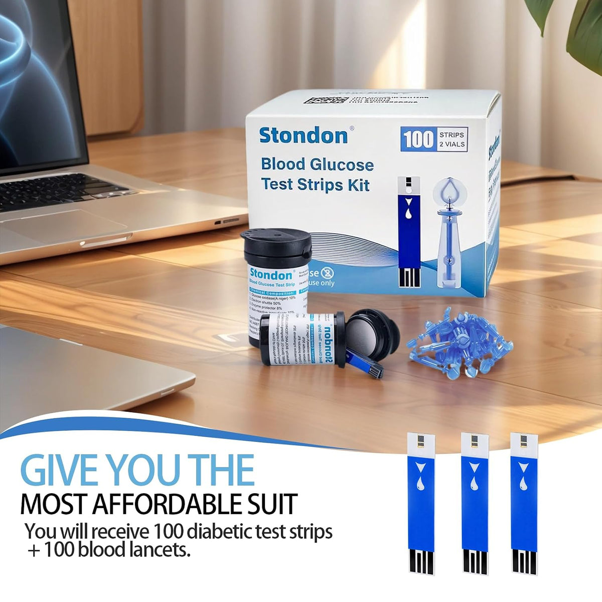 Stondon Blood Glucose Test Strips and Lancets, 100 Each, for G430/G520/G425 | Compatible with Stondon G430, G520 and G425-3 meters, no coding strips, single-use lancets, 100 tests