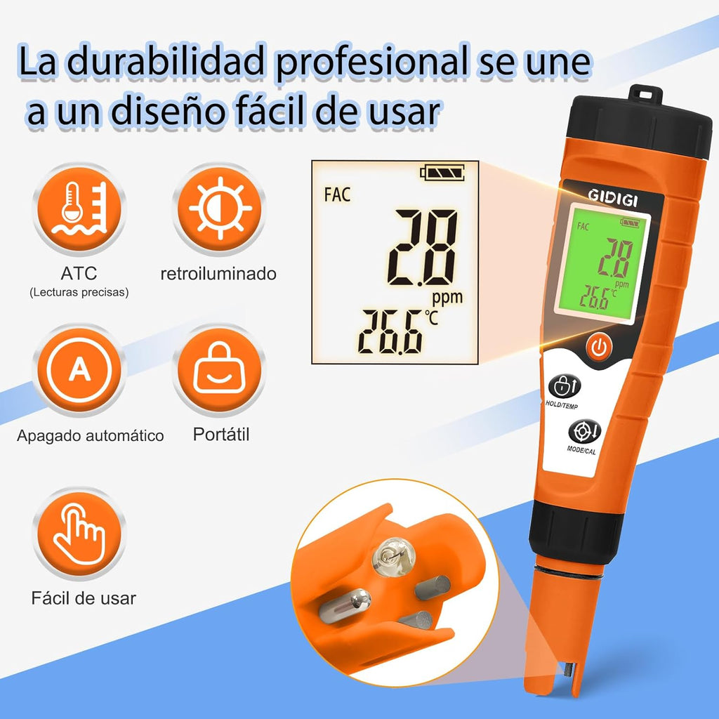 Chlorine, pH and Salinity Pools Meter, 7 in 1 pH FAC, Salt, ORP, EC, TDS and Temp with Calibration Solution, Chlorine Meter for Swimming Pools, Aquariums, Hydroponics and Drinking Water