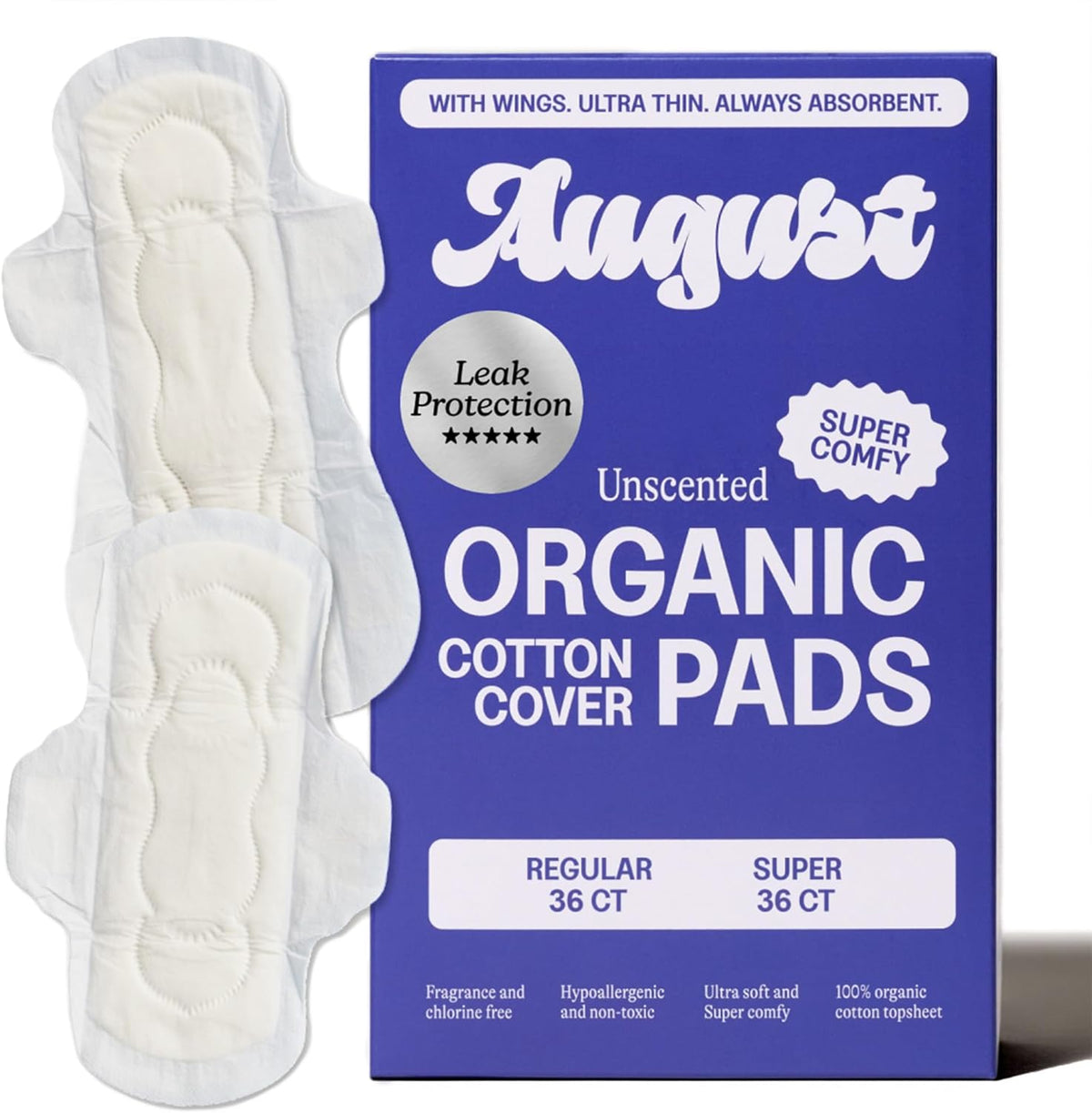 August Regular & Super Cotton Menstrual Pads, 72 (36+36) Ultra Thin Pads with Wings, Hypoallergenic Sanitary Napkins with Organic Cotton Topsheet, Compostable Wrapper, Non-Toxic, Fragrance-Free