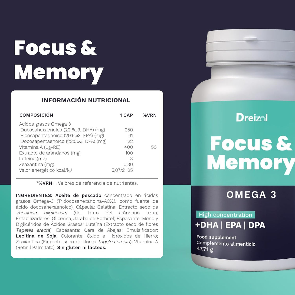 by Brudy Lab - Focus & Memory - High Dose Nootropic - Omega 3 High in DHA, EPA and DPA, Vitamin A, Lutein and Zeaxanthin - Memory and Concentration Aid - 60 Capsules
