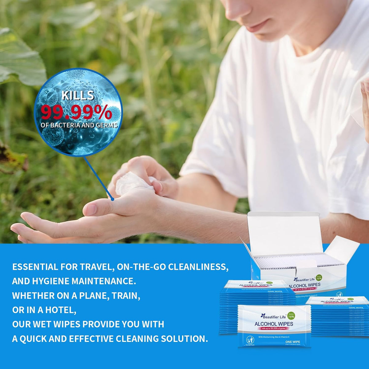 Beautifier Life All - Purpose Travel Wipes, 55 Individually Wrapped 75% Alcohol Antibacterial Hand Sanitizing Wipes with Aloe Moisturizer & Vitamin E for for On-the-Go Use, Restaurant, Home Office