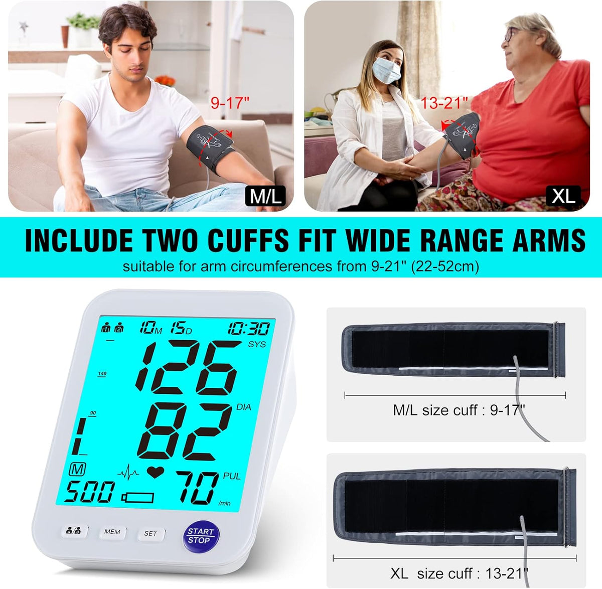 Blood Pressure Monitor 2 Cuff Sizes, Large Blood Pressure Cuff | M/L Cuff 9-17"& XL Cuff 13-21", Extra Large Backlit Display, Two User Mode, 1000 Mem, 4xAAA Batteries, Upper Arm, Home Use