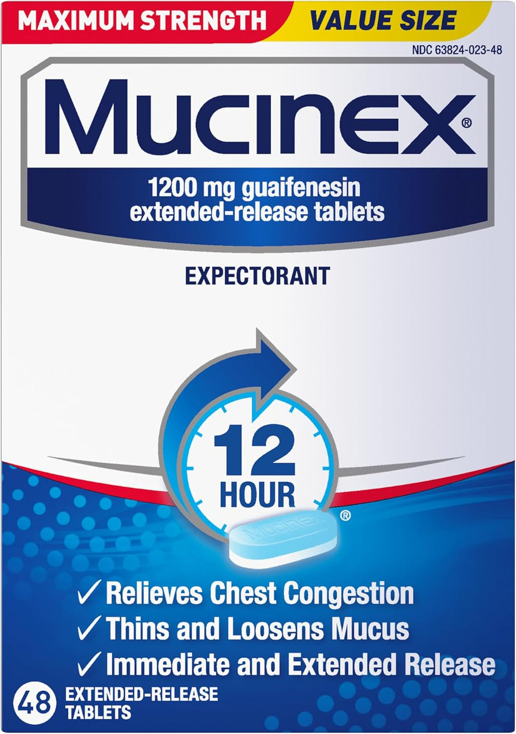 Mucinex 12Hr Max Strength Expectorant, Chest Congestion Relief, 48 Tablets