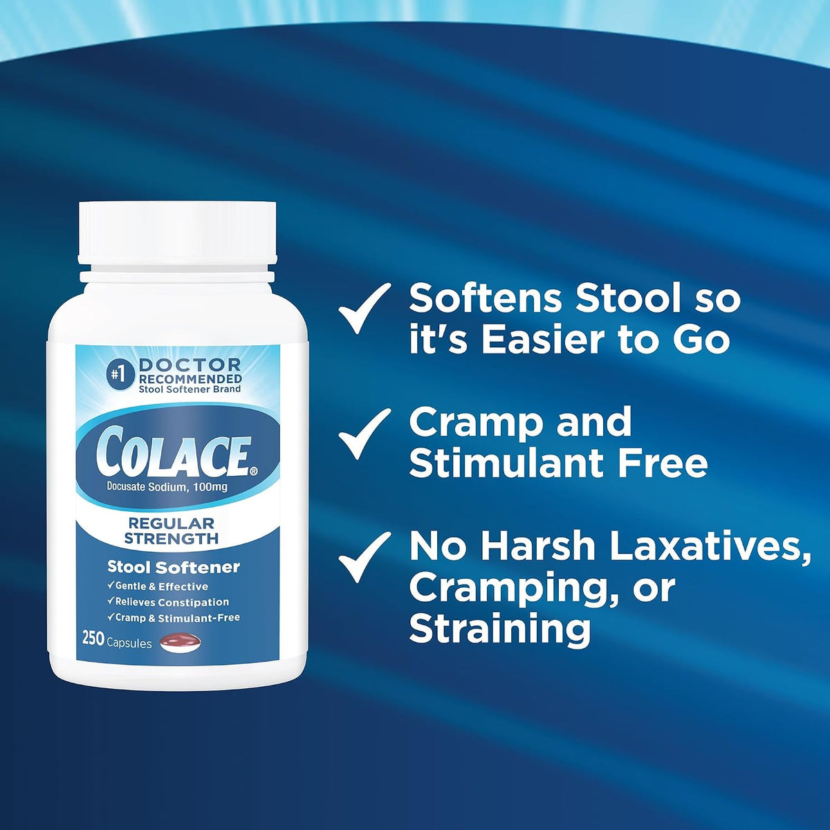 Colace Stool Softener Constipation Relief, 100 mg, 250 Capsules