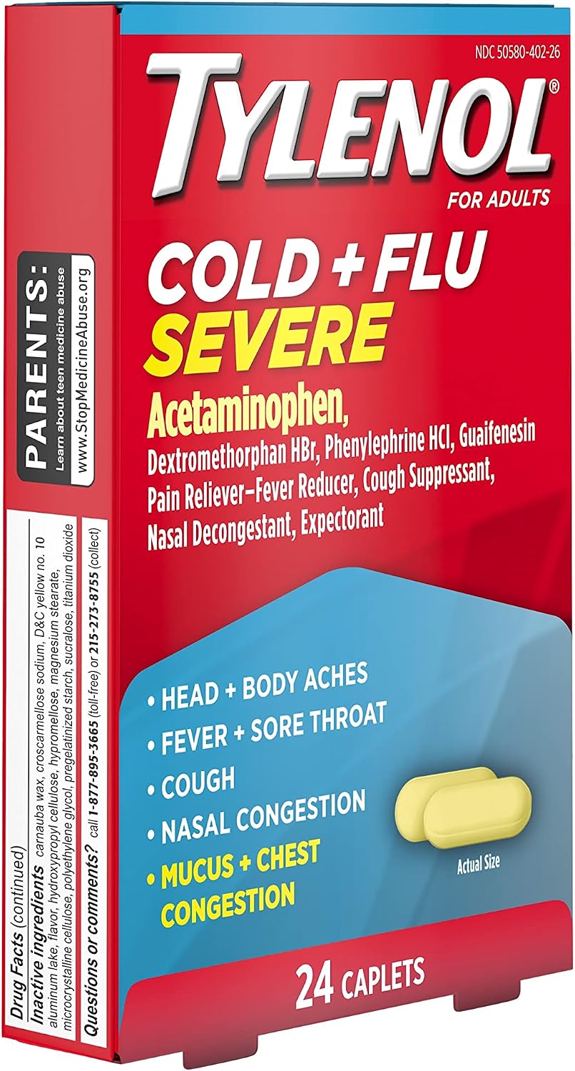Tylenol Cold + Flu Severe Caplets, Acetaminophen, 24 ct | Fever Reducer, Pain Reliever, Cough Suppressant, Nasal Decongestant & Expectorant