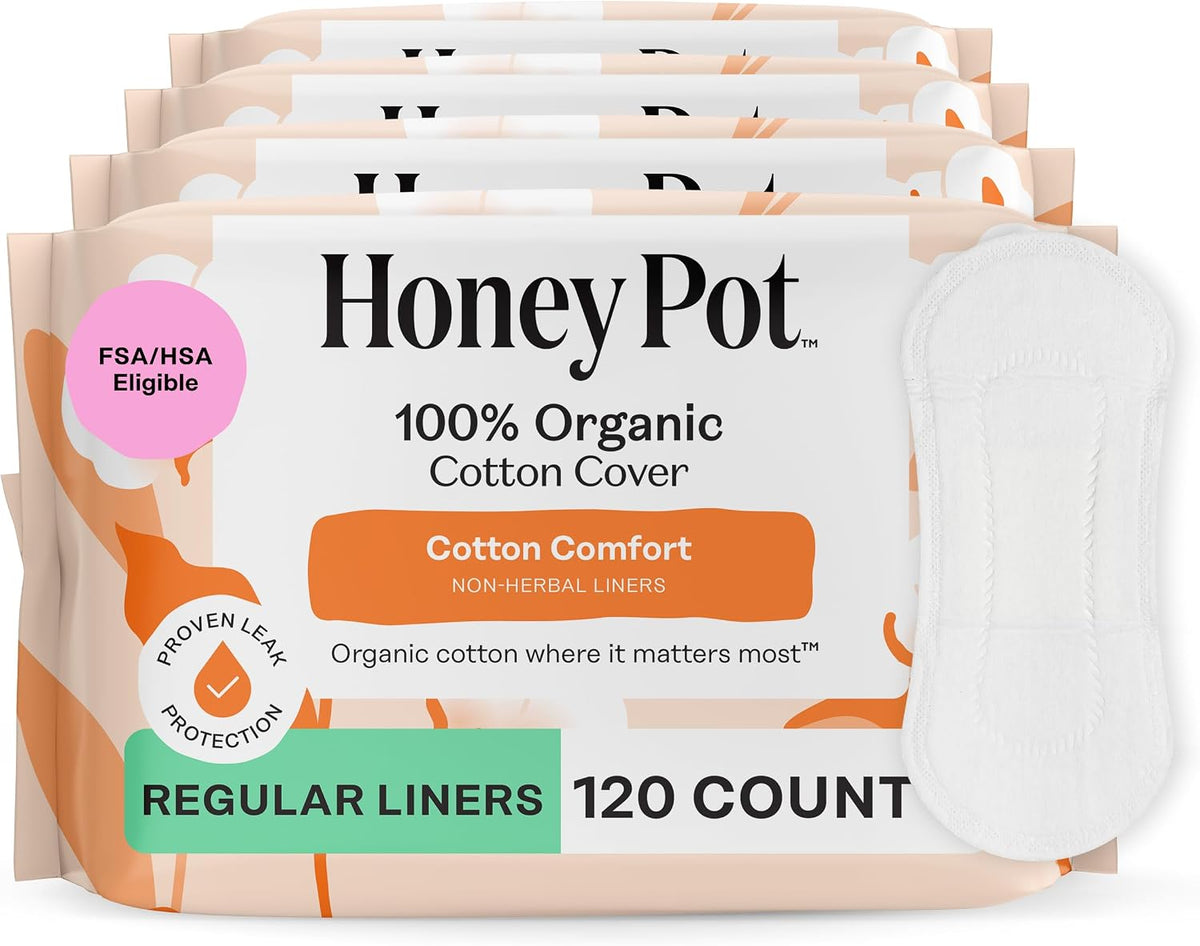 The Honey Pot Company - Cotton Comfort - Panty Liners for Women | Non-Herbal - Organic Cotton Cover & Ultra-Absorbent Pulp Core - Sanitary Pads - Feminine Care - 120ct