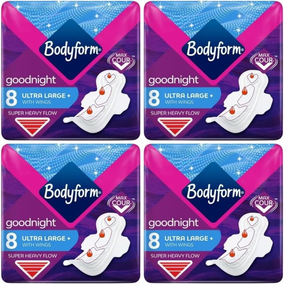 Bodyform Ultra Goodnight Winged Sanitary Pads for Women, Super Heavy Flow, Night Use, 48 Pads, 6 Packs of 8 Period Pads, Cour-V Ultra Night Series, Absorption