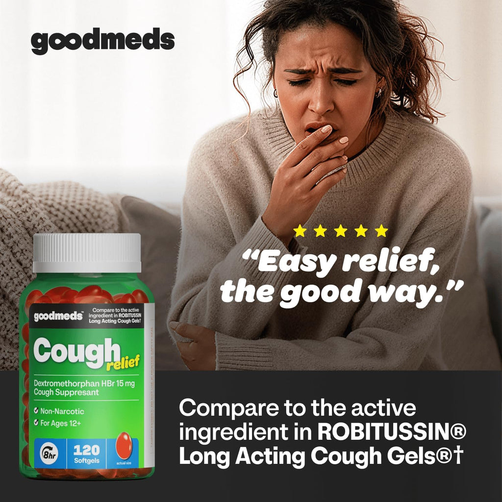 Cough Relief for Adults Softgels Dextromethorphan HBr (DXM) 15mg 8Hour, Non-Drowsy, Long-Lasting Bronchial Suppressant for Dry Cough and Chest Congestion (120 Count)