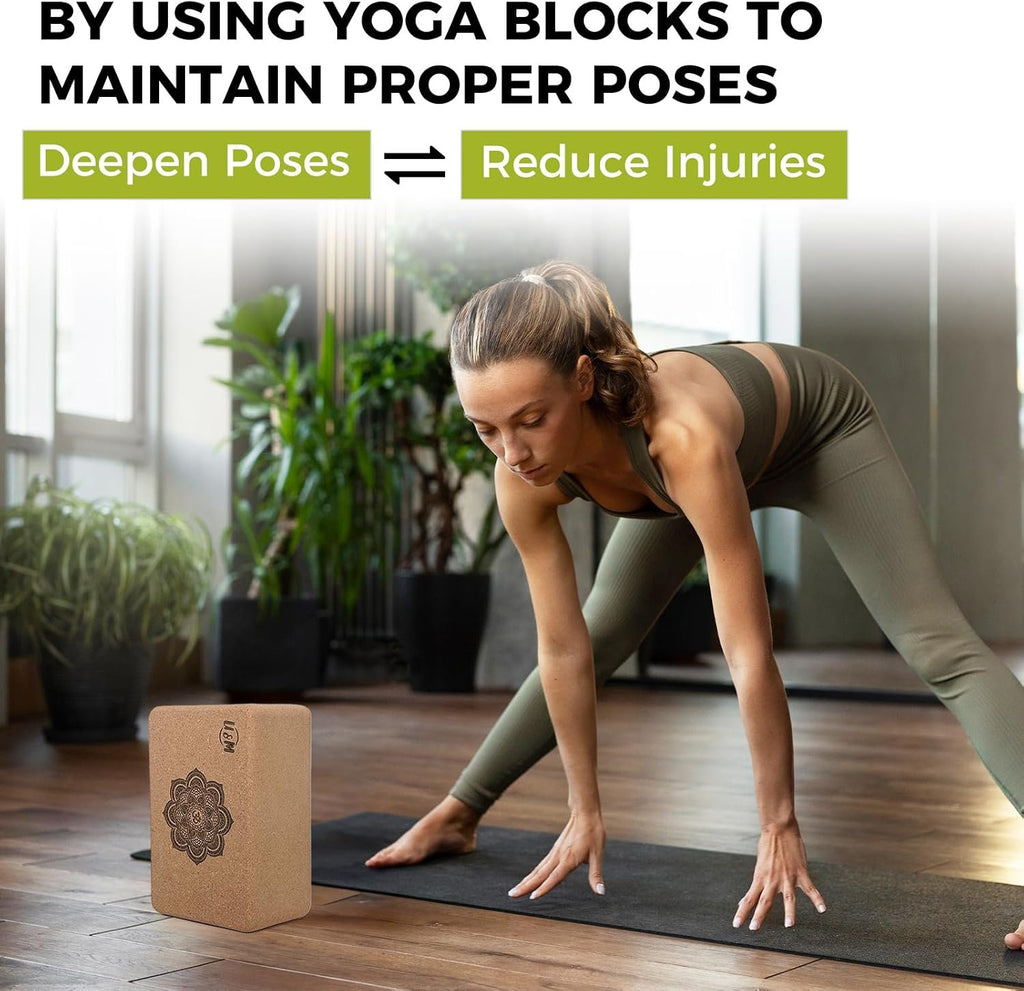 U&M Cork Yoga Blocks 2 Pack Set,Natural Cork High Density 9"x6"x4" Yoga Blocks Odor-Resistant Non-Slip for Yoga, General Fitness, Pilates, Stretching and Toning