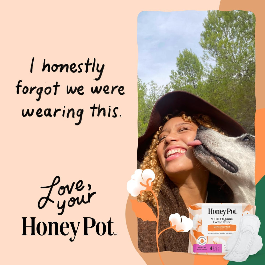 The Honey Pot Company - Cotton Comfort - Regular Pads for Women | Non-Herbal - Organic Cotton Cover - Menstrual Pads w/Wings - No Fragrance & Ultra-Absorbent Pulp Core - Feminine Care - 80ct
