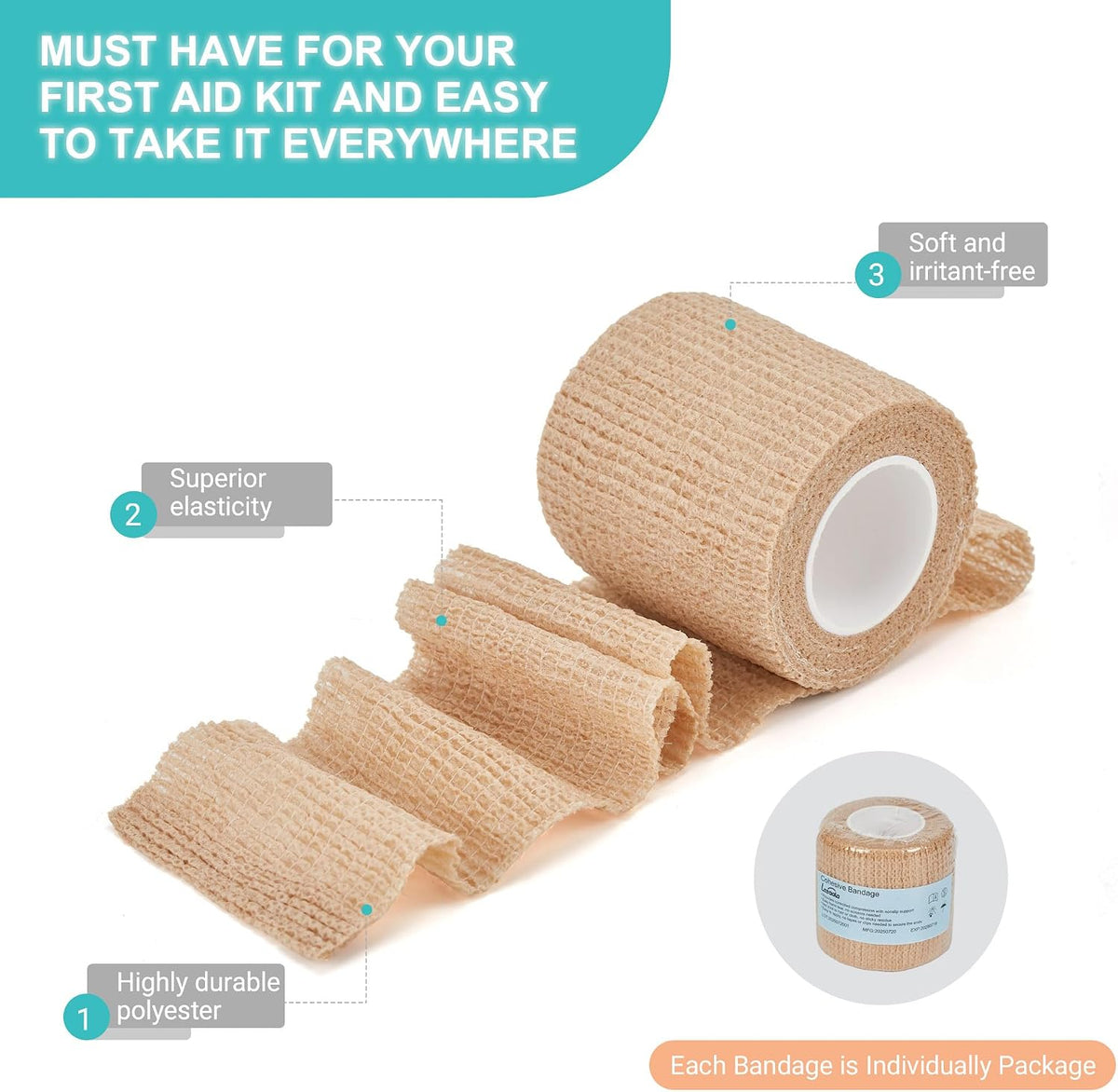 6 Pack,2” x 5 Yards Self Adhesive Bandage Wraps for Sports, Cohesive Bandages,Atheletic Tape for Wrist, Ankle, Hand, Leg,Skin Color,Vet Wrap
