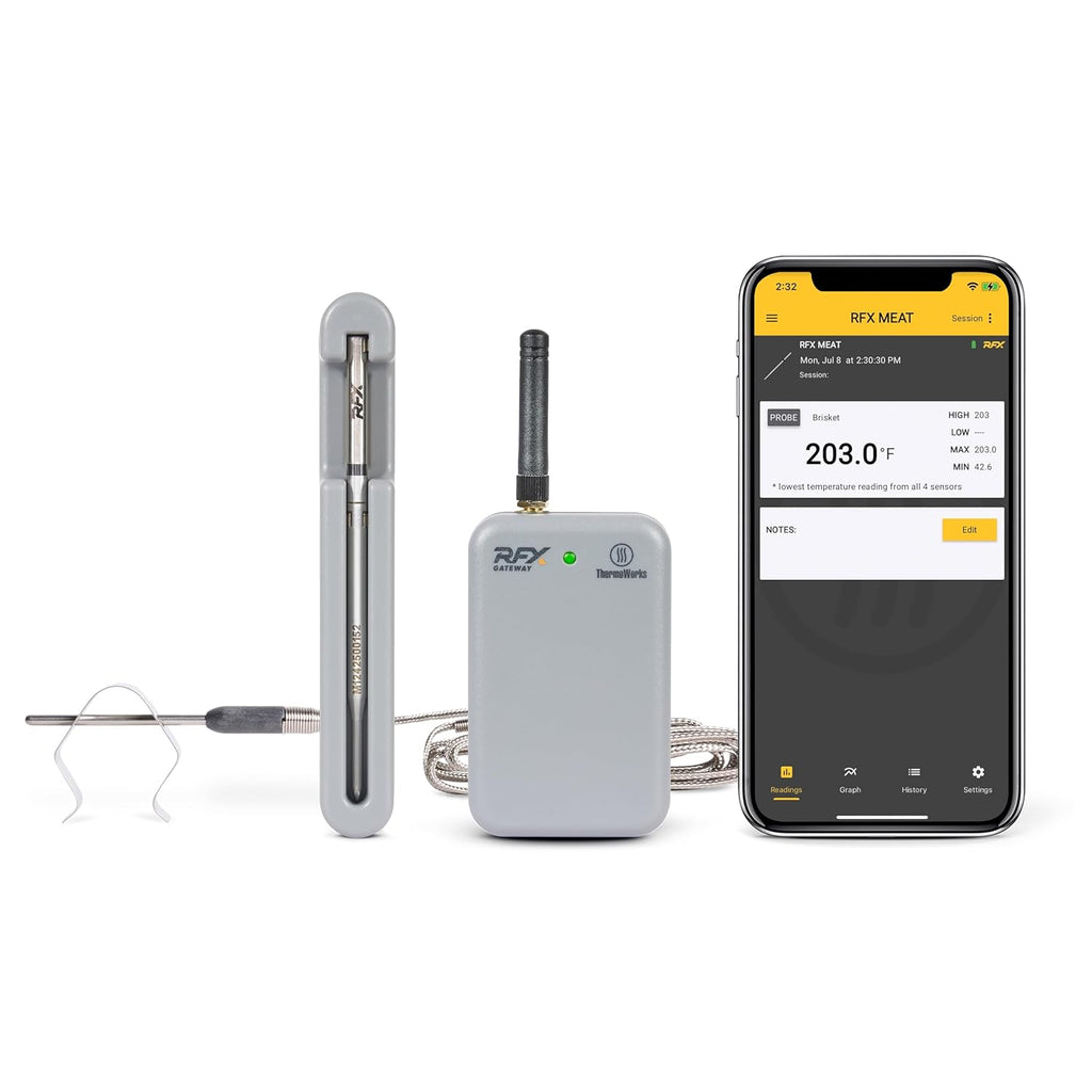 ThermoWorks RFX, Smart Wireless Meat Thermometer, Wi-Fi & Radio Frequency, Stronger Signal Than Bluetooth, Meat Probe for Use in Smoker, Grill, BBQ, Oven(Black - 1-Probe Kit)
